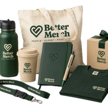 Better Merch branded product set, including a water bottle, tote bag, notebook, mugs, lanyard, and T-shirt in green and cream.